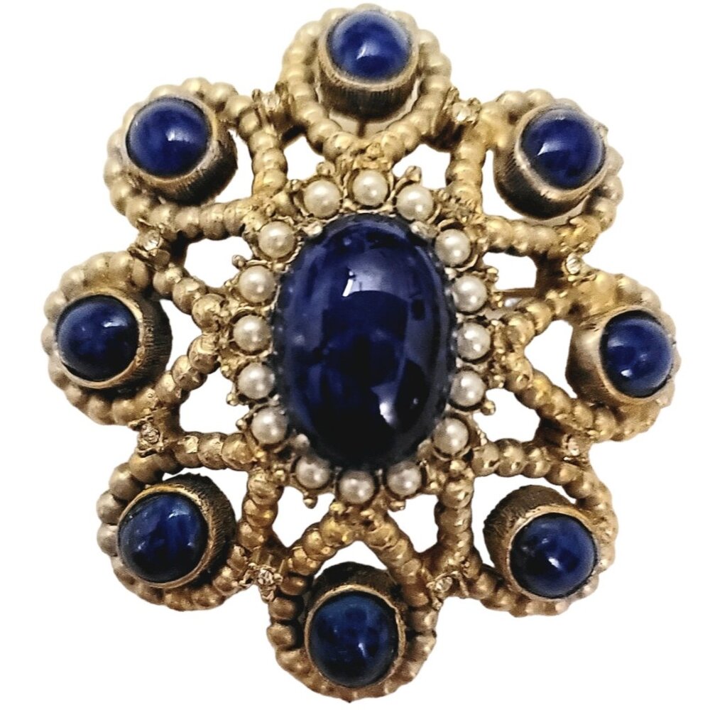 De Nicola Vintage Gold Tone Blue Lapis-Style Molded Glass Cab Pin Pendant, M984